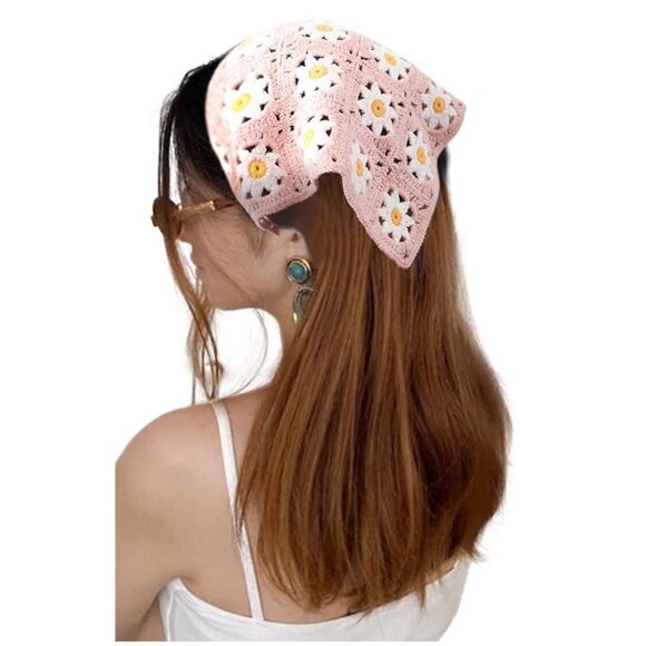 Crochet Triangle Flower Headscarf Bandana in Pink, White & Yellow - Picture 1 of 5